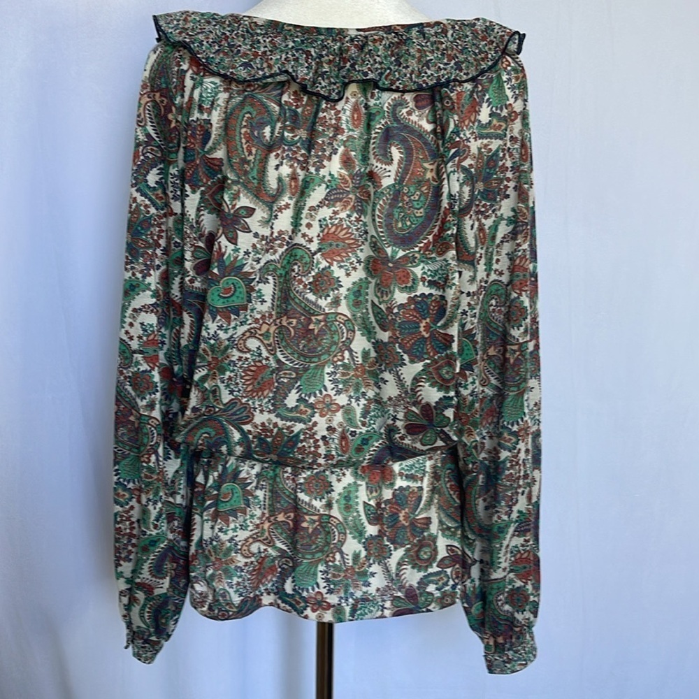 Mango Bohemian Sheer 3/4 Sleeve Paisley Print Tie-neck Blouse Top Size S V Neck - Picture 4 of 9